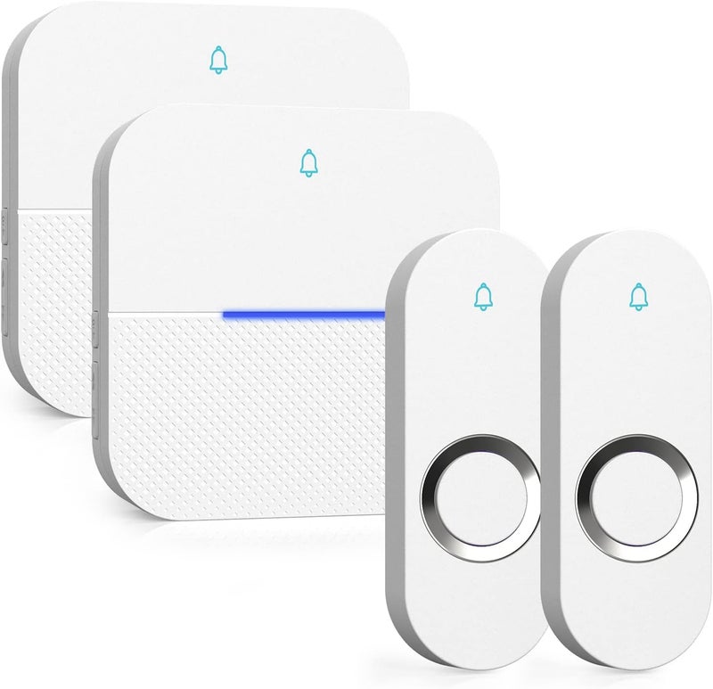 Aida Lighted Wireless Doorbell, Home Waterproof Doorbell 1,000ft Range, 5 Volume Levels with 58 Doorbell Chimes & LED Flash (White, Doorbell with 2 Buttons & 2 Receivers) - Image 1